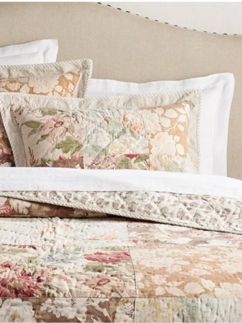 Pottery Barn Floral Patchwork Quilt in Pink, Green, Cream